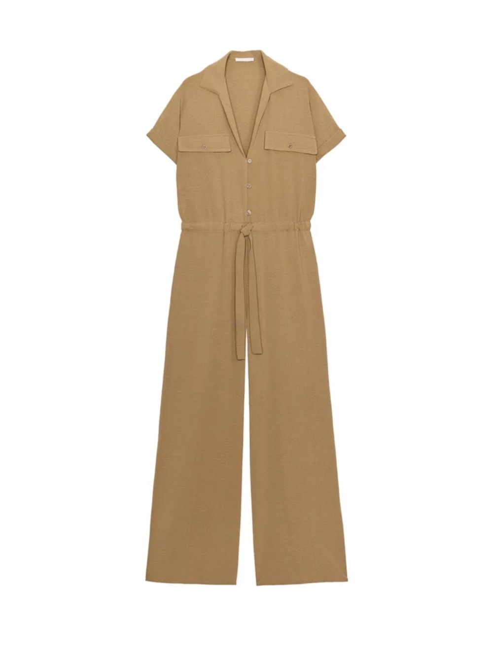 Zara Camel Short-Sleeve Tie-Waist Wide-Leg Jumpsuit